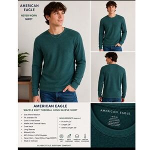American Eagle Mens Thermal Shirt Green Waffle Knit Long Sleeve Crewneck Medium